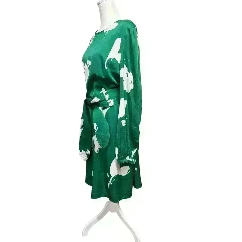 Lewit Green & White Floral Stretch Silk Long Sleeve Round Neck Belted Dress 14 - Picture 6 of 13